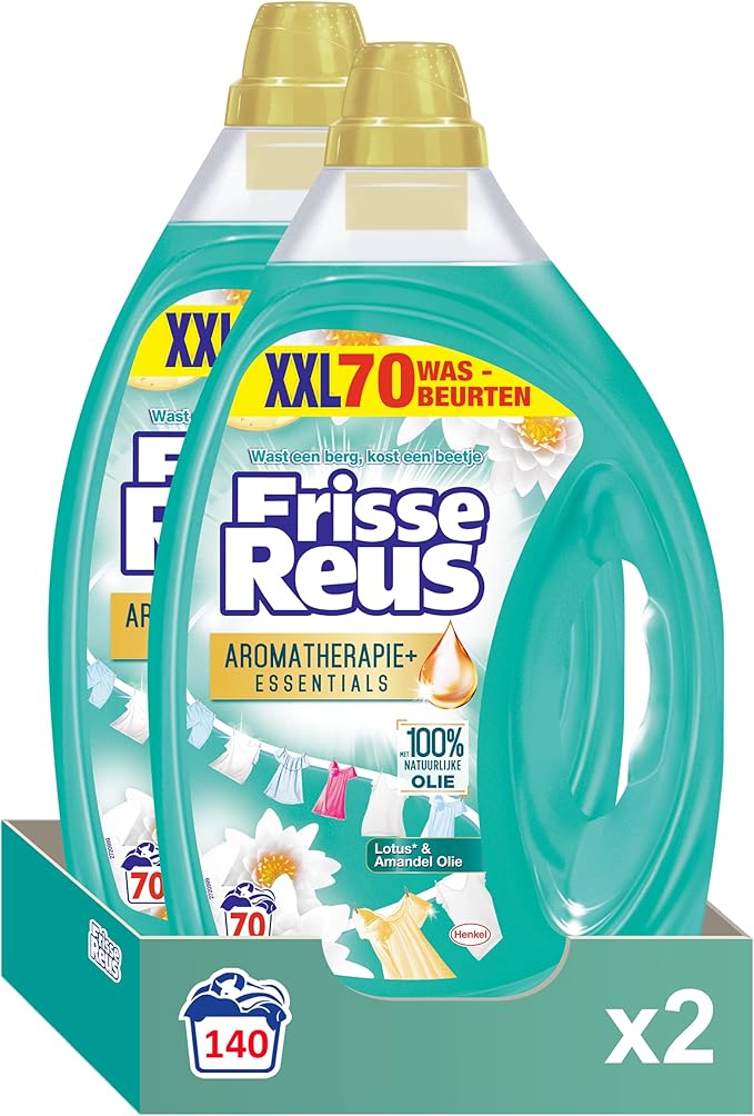 Frisse Reus Vloeibaar Wasmiddel, 2 x 70 wasbeurten, Voordeelverpakking, Lotus+ & Amandel Olie
