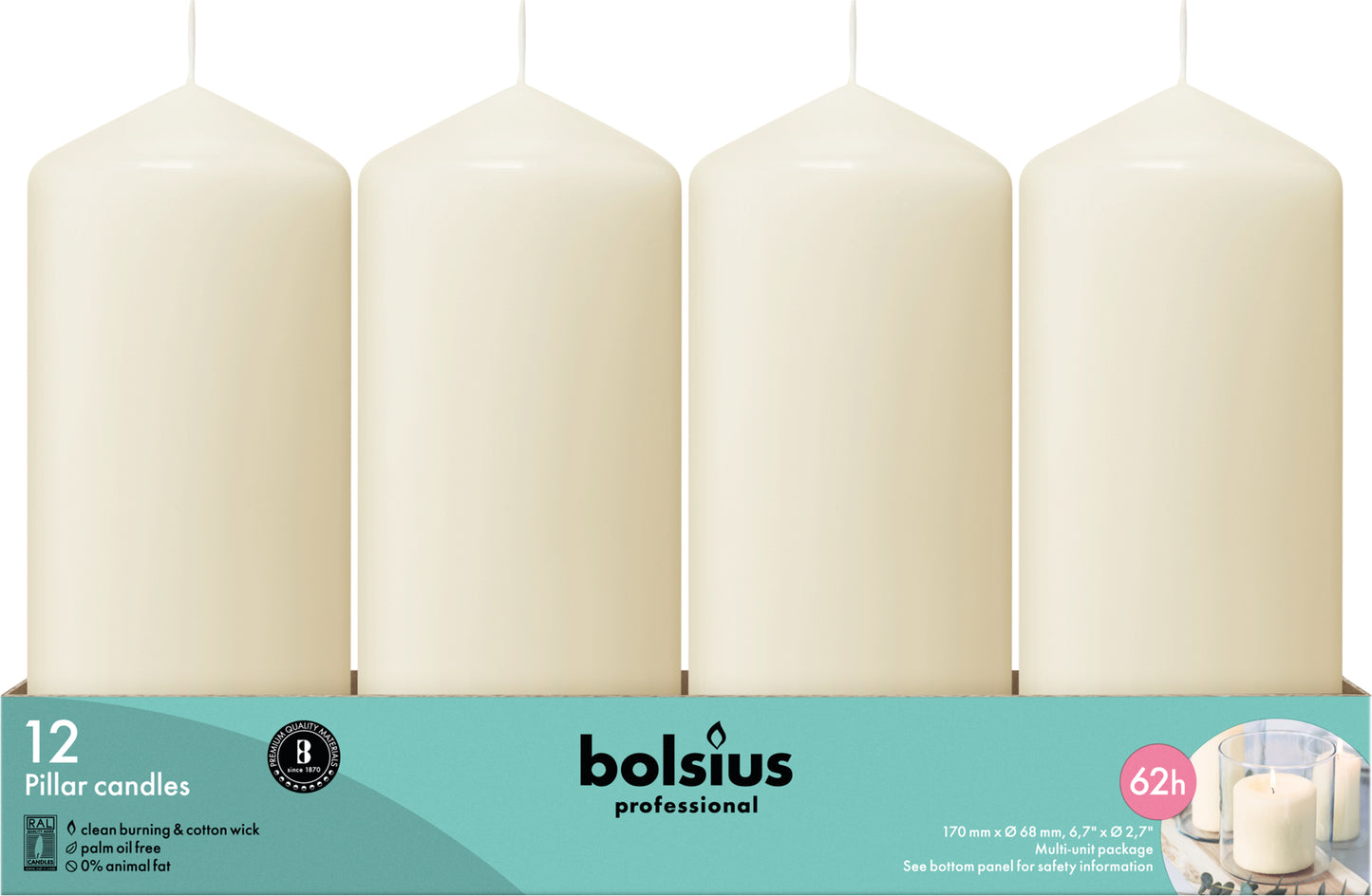 Bolsius Professional, Stompkaarsen, Ivoor 17 cm, 62 uur, 12 stuks