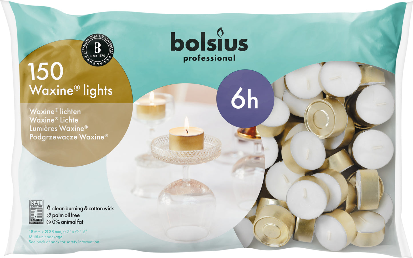 Bolsius Professional, Waxinelichtjes 6 uur, Goud / Wit, 150 stuks