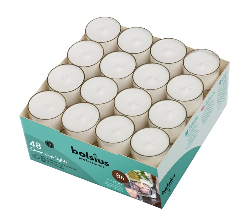 Bolsius Professional Clear Cups waxinelichtjes Wit, 48 stuks, 8 uur brandtijd
