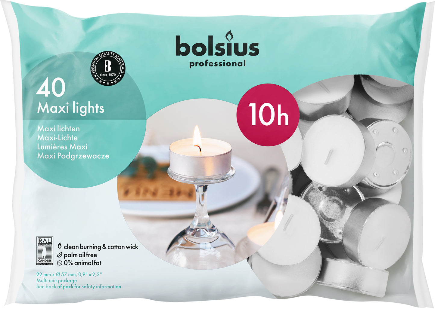 Bolsius Professional, Maxi Waxinelichten, Zilverkleurige cup, 10 uur, 40 stuks