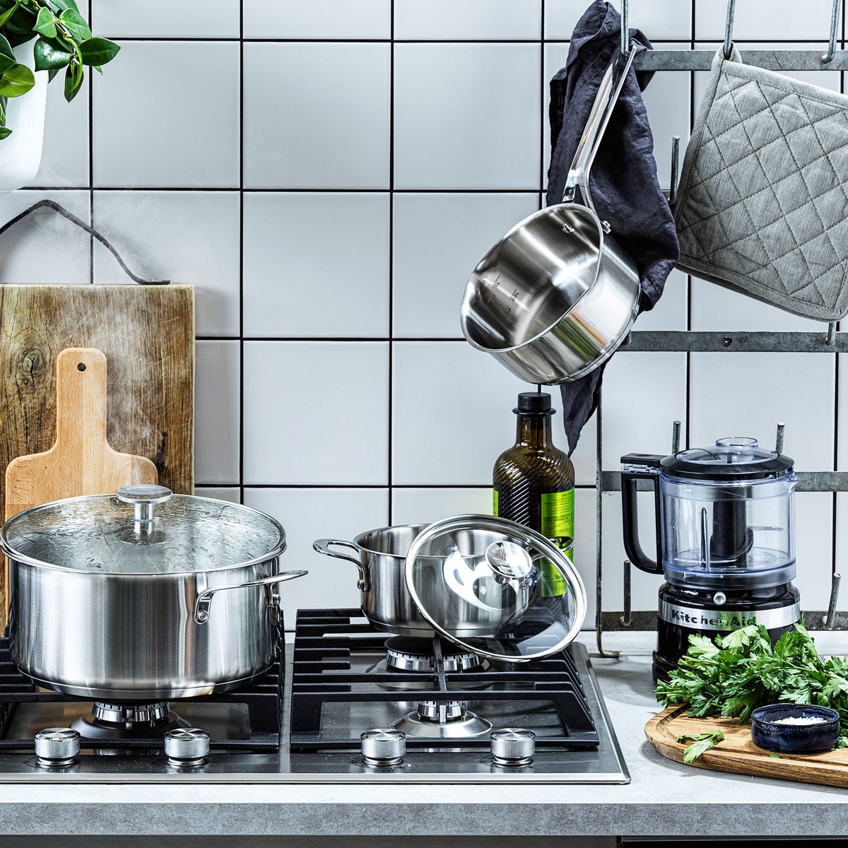 KitchenAid Pannenset met deksel 3-delig, RVS