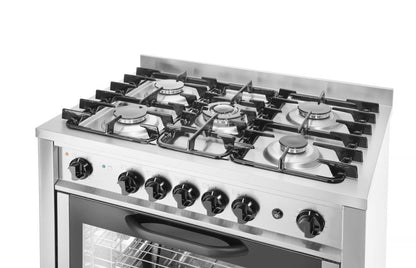 Gasfornuis - 5 pits met elektrische oven, HENDI, Kitchen Line, Zilver, 230V/2900W, 14,3kW, 900x653x(H)900mm