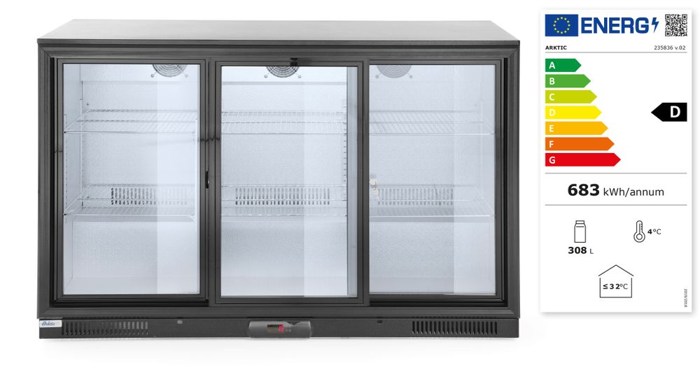 Backbar koelkast met drie schuifdeuren, Arktic, 308L, Zwart, 220-240V/160W, 1350x520x(H)865mm