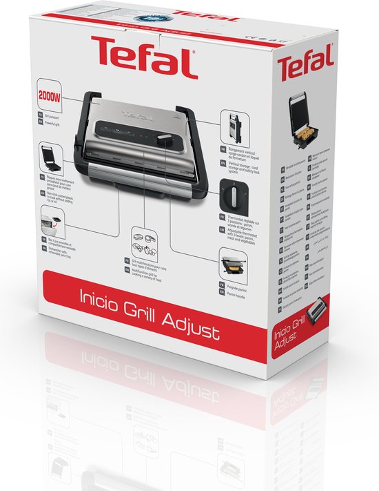 Tefal Inicio Grill Adjust, Contactgrill, Multifunctionele Paninigrill, GC242D, RVS, 2000W