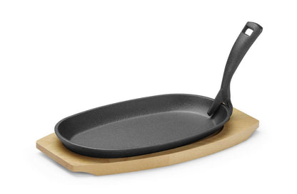 Gietijzeren schaal met houten onderlegger en greep, HENDI, Zwart, 280x140x(H)30mm