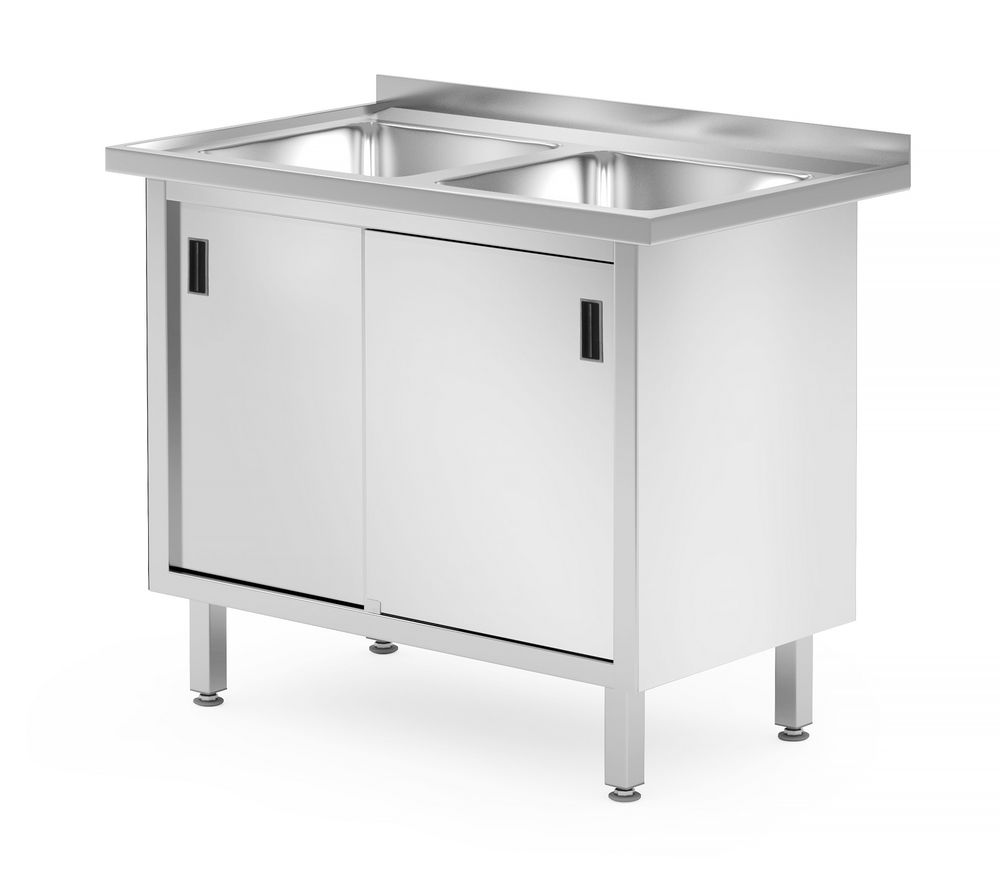 Dubbele spoeltafel met kast – gelast., HENDI, Profi Line, 1000x600x(H)850mm