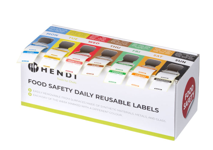 HACCP Voedseletiketten met Dispenser, Hendi, dagstickers -7 rollen à 1000 stuks, 3 talen