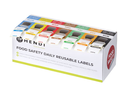 HACCP Voedseletiketten met Dispenser, Hendi, dagstickers -7 rollen à 1000 stuks, 3 talen