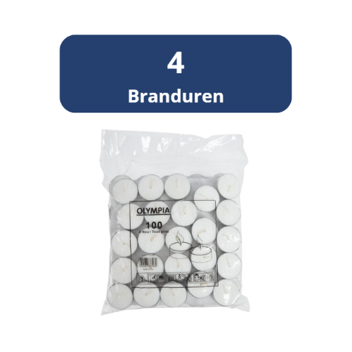Waxinelichtjes/Theelichten, Olympia, 4 branduren, 100 stuks