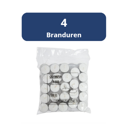 Waxinelichtjes/Theelichten, Olympia, 4 branduren, 100 stuks