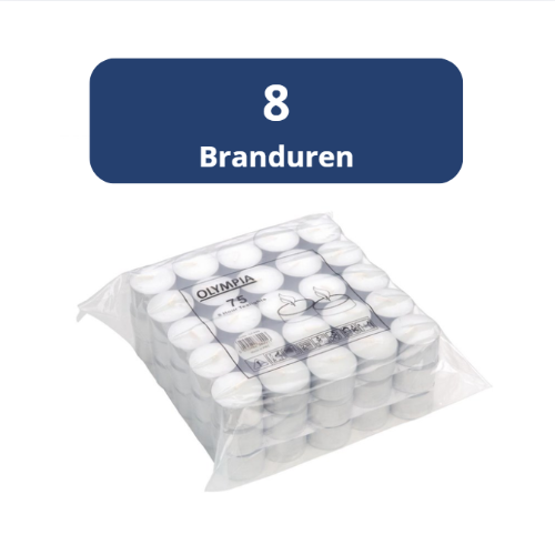 Waxinelichtjes/theelichten, Olympia, 8 branduren, 75 stuks
