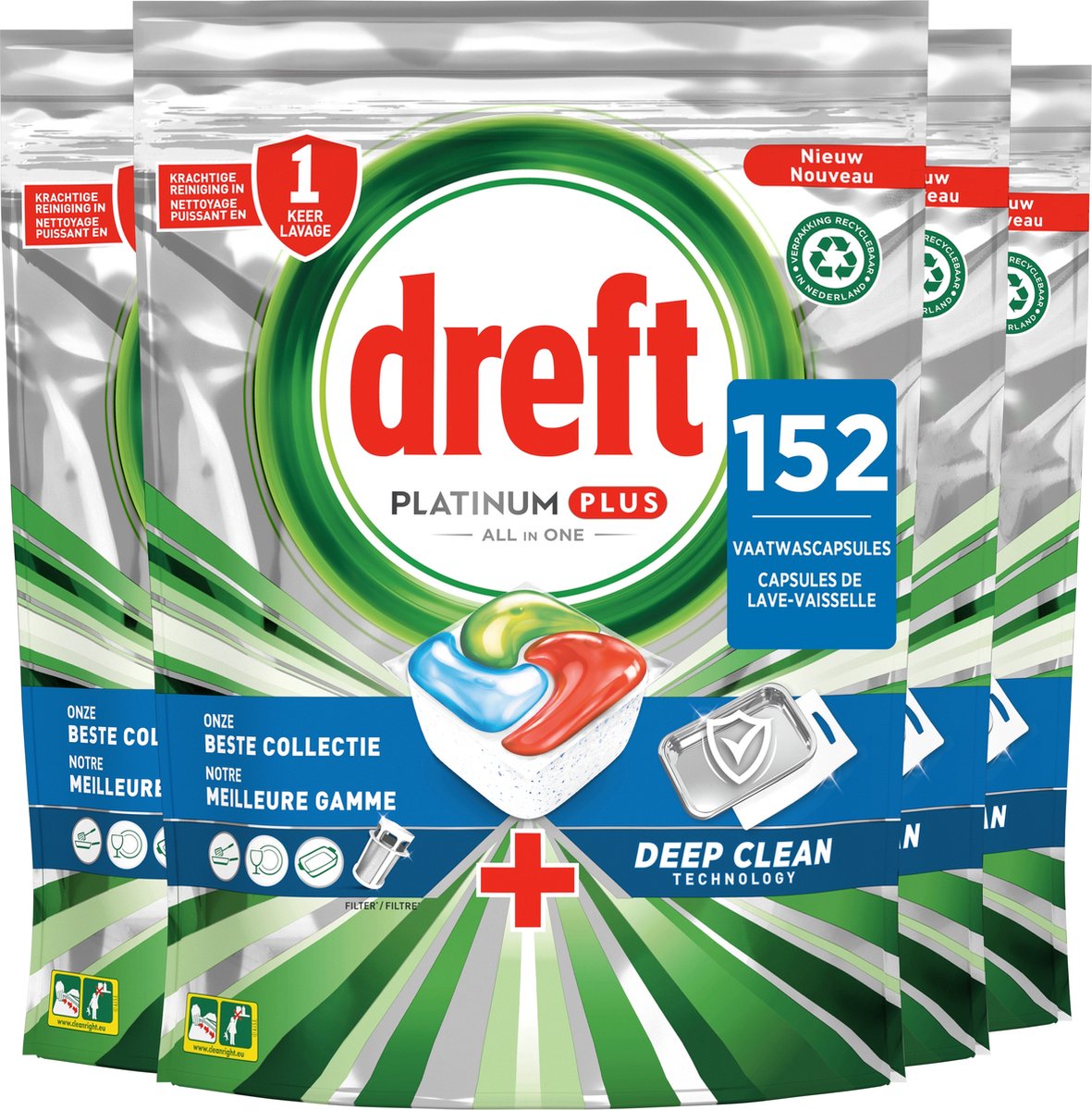 Dreft Platinum Plus All In One Vaatwastabletten - Deep Clean - Voordeelverpakking 4 x 38 stuks