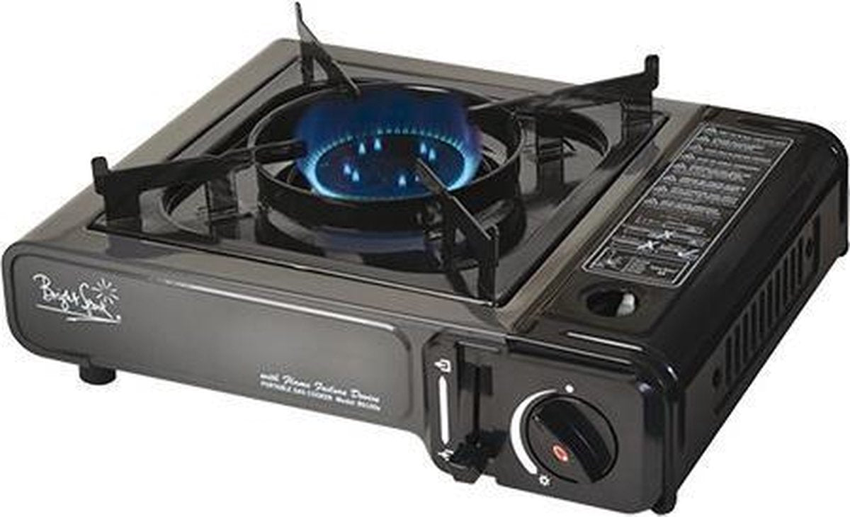 Campingkooktoestel met 4 gasbussen en opbergkoffer - Bright Spark
